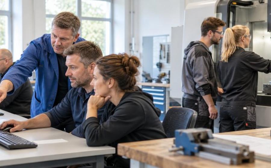 Účastníci rekvalifikačního kurzu se s lektorem učí práci na počítači a CNC stroji